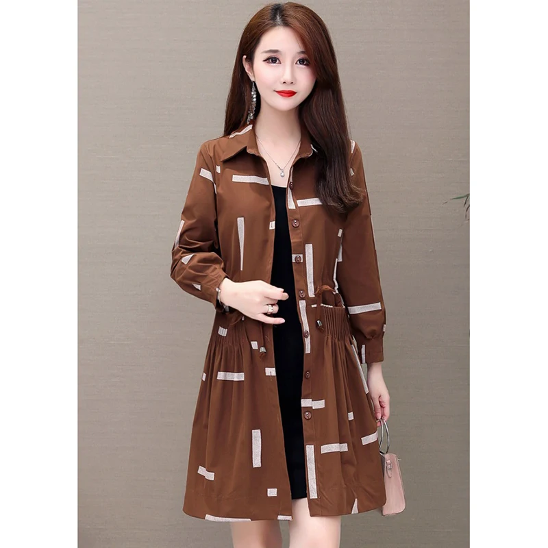 

Women's Trench Coat Spring AutumnThin Coat Long Single-breasted Drawstring Printing Casual Coat Outerwear Female 5XL 2022