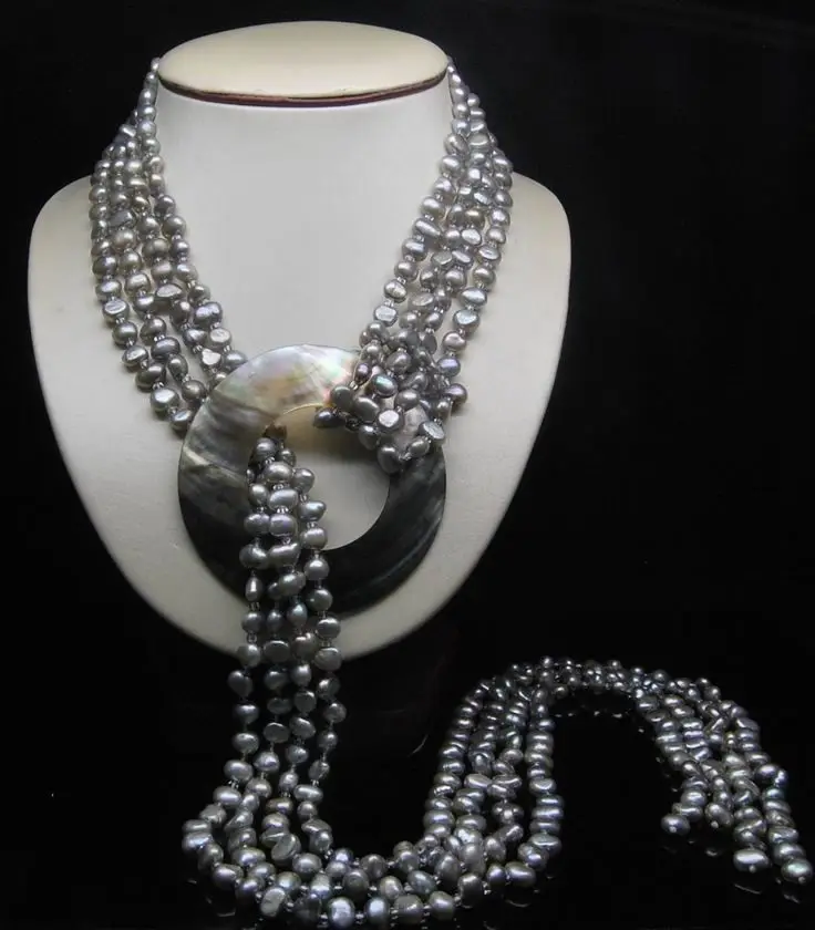 

Free shipping shitou 32" Natural 4- Row 5-6MM AAA Silver_Gray Baroque pearl Necklace