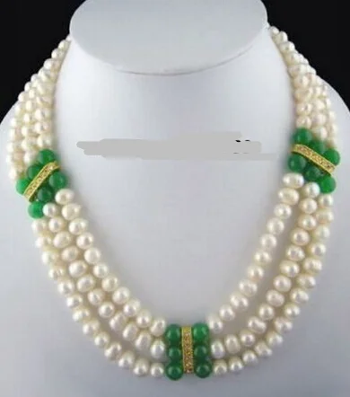 3 Rows Genuine Freshwater White 7-8mm Pearl Green Jade 18KGP Crystal Necklace 17-19