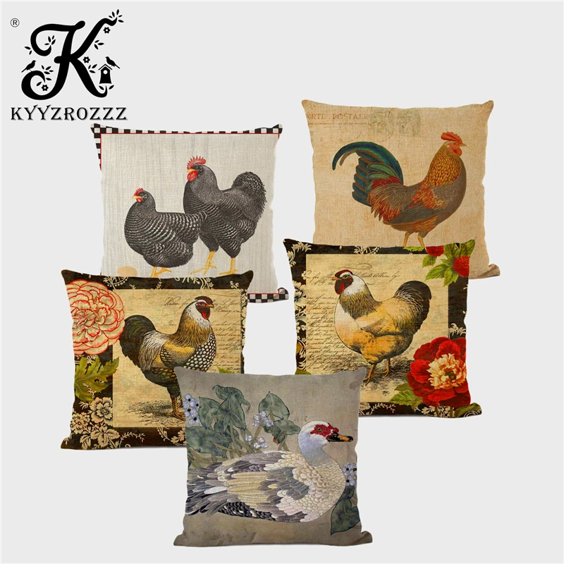 Home Decoration Animal Cushion Set Color Painting Cock Duck Bird Oil Painting Printed Linen Car Sofa Pillowcase 45x45CM