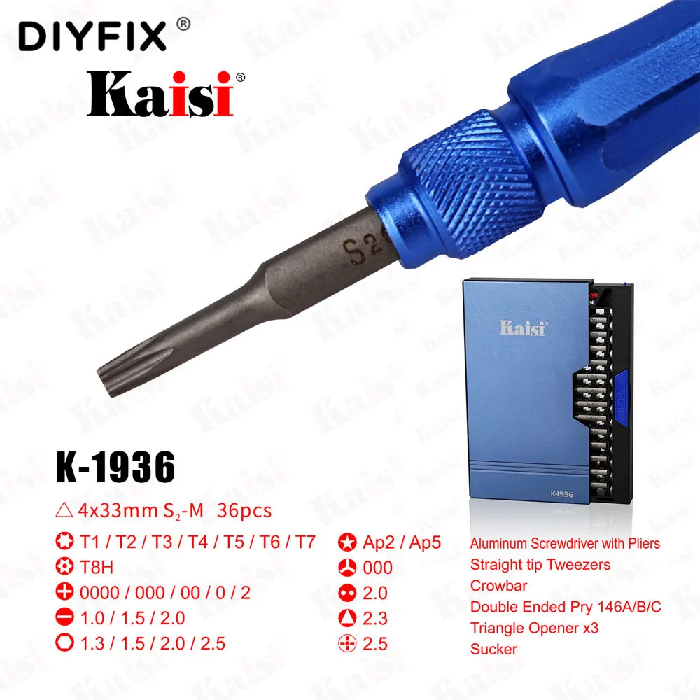 Kaisi K-1936 Screwdriver Set Magnetic Bits With Anti-static Tweezers Opening Pry Cowbar For Opening Electronics Repair Tool Kit