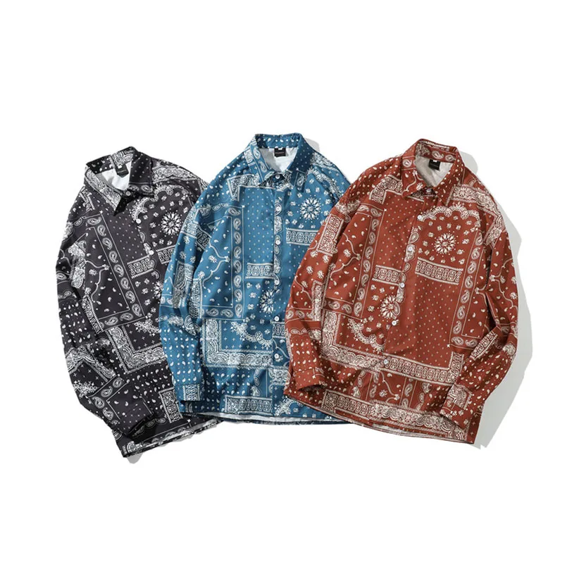 Bandana Shirt for Men Oversize Clothes Print Harujuku Long Sleeve Shirts Hawaiian Casual Checked Clothing 2023