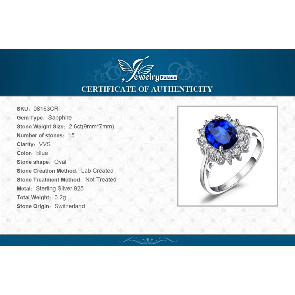 JewelryPalace Princess Diana Created Blue Sapphire 925 Sterling Silver Engagement Ring Ruby Natural Amethyst Citrine Blue Topaz