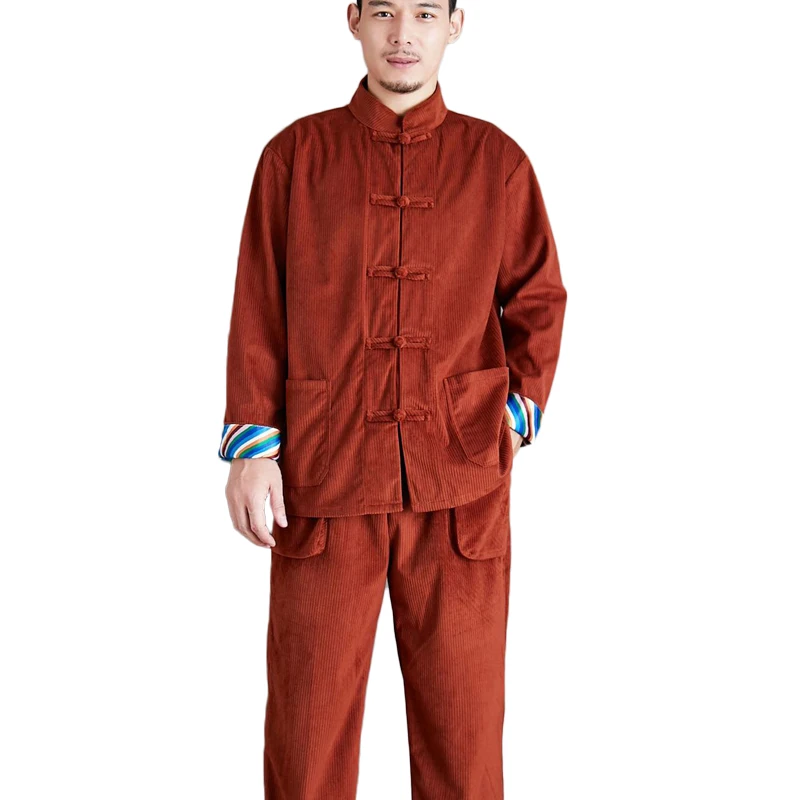 LZJN-Tang Suit Sets for Men, Kung Fu Uniforms, Long Sleeve Corduroy, Traditional Chinese Tunic Shirt, 2 Pieces Outfit, Tops, New