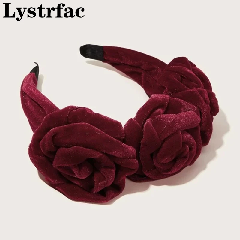 Lystrfac Flower Decor Velvet Headband for Women Wild Vintage Hair Hoop Red Black Hairband Bezel Headpieces Hair Accessories