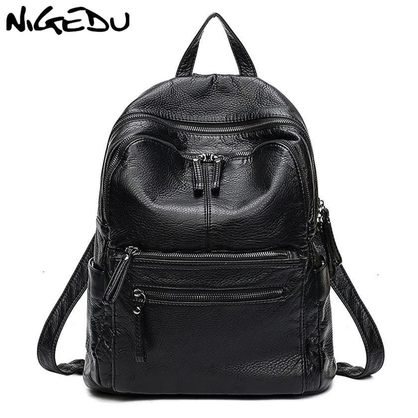 NIGEDU Soft PU leather Women backpack Large capacity ladies backpack black Casual School Book Bag travel bag Daypack mochila