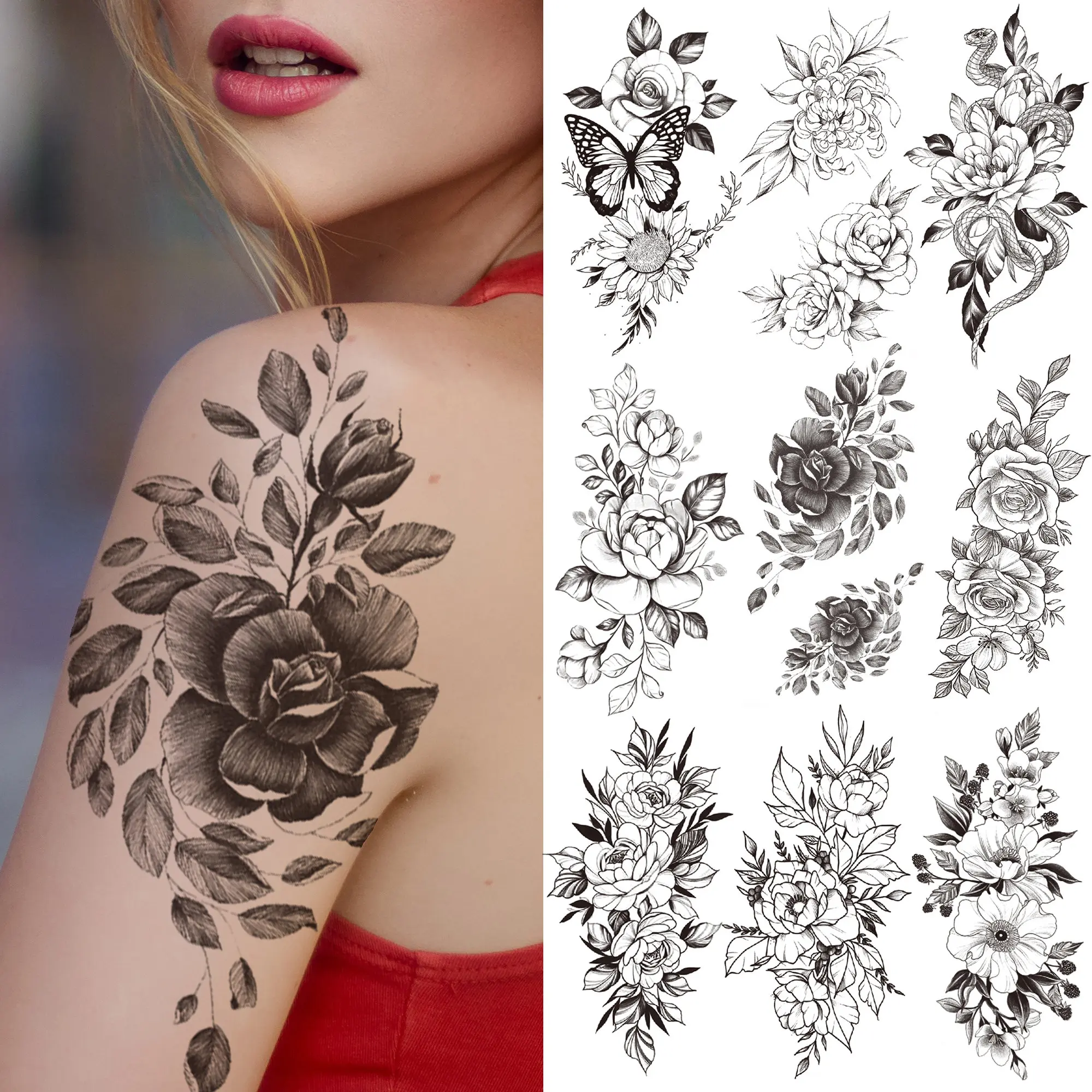 Black Rose Peony Temporary Tattoo For Women Girls Fake Butterfly Snake Flower Tattoos Sticker Dahlia Sweatpea Body Art Tatoo Arm