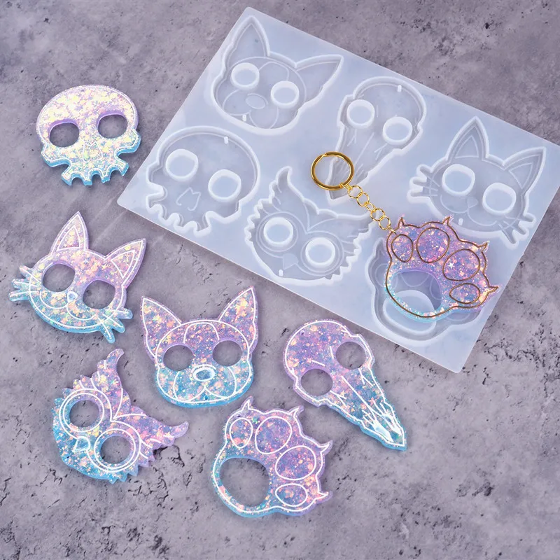 6-in-1-Epoxid-Ring-Set, Schlüsselanhänger, Silikonformen für Bastelarbeiten, Schlüsselanhänger, Harzform, Katzenklaue, Verteidigungsschädel, individueller Schlüsselanhänger, Selbstverteidigung – Detail 6