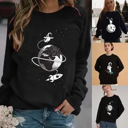 Pullover da donna a maniche lunghe con scollo a O alla moda Felpa con cappuccio da donna con stampa astronauta carina Felpa Harajuku da donna Pullover oversize