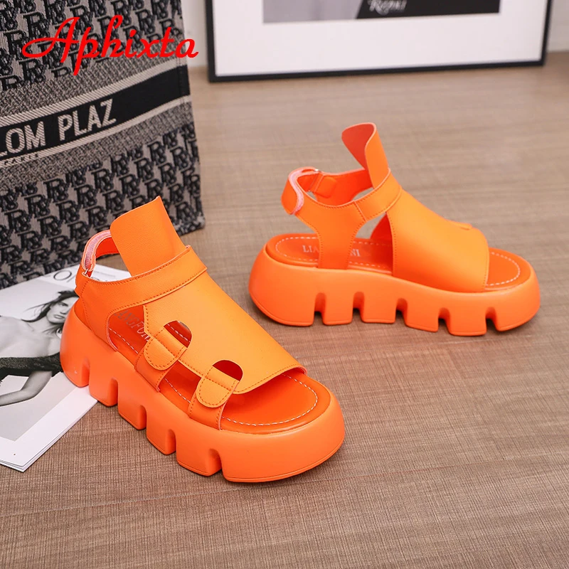 Aphixta Orange Plattform Haken & Schleife Sandalen Frauen Sommer Kühl Dicke Sohle Casual Einstellbare Dias Mode Peep Toe Schuhe