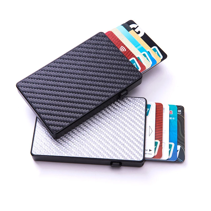 Bycofecy-Nome personalizado Titular do cartão de crédito para homens, botão inteligente, fibra de carbono, Slim Thin Card Wallet, Rfid Credit Card