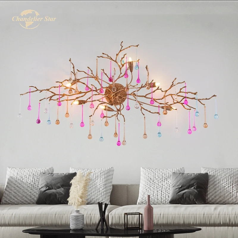 Luxury LED Wall Lamps Modern Brass Copper K9 Crystal Colorful Water Drop Flush Mount Bedroom Living Room Hotel Indoor Lighting