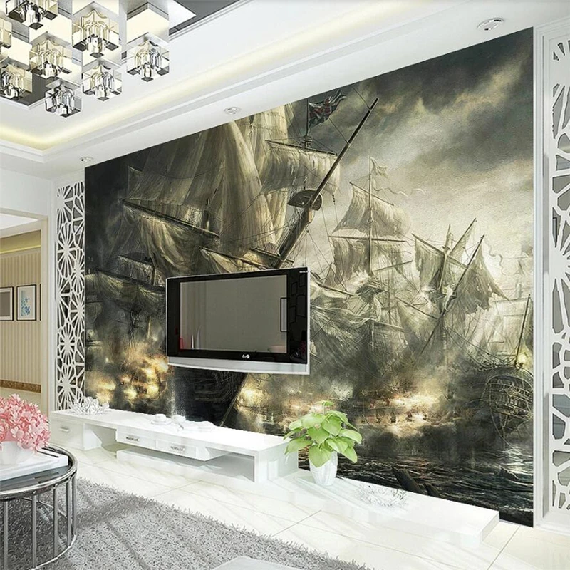 wellyu Customized large murals fashion home decoration European retro oil painting pirate ship nautical mural background wall