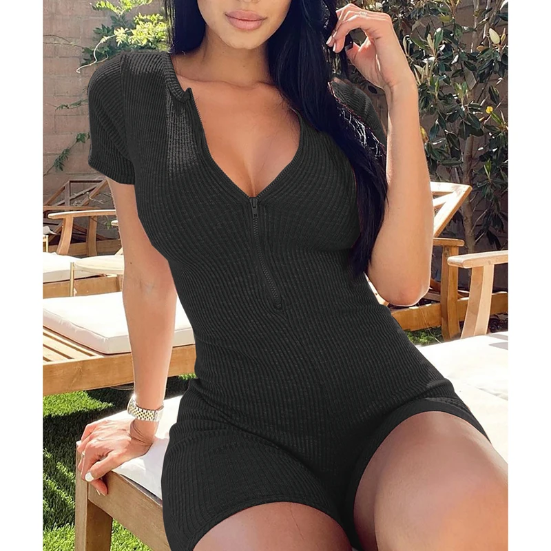 Women\'s Underwear Bodysuits Sleewear Romper Short Sleeve V Neck Zipper Knitting Jumpsuit Short Home Pajamas Sexy Nightwear