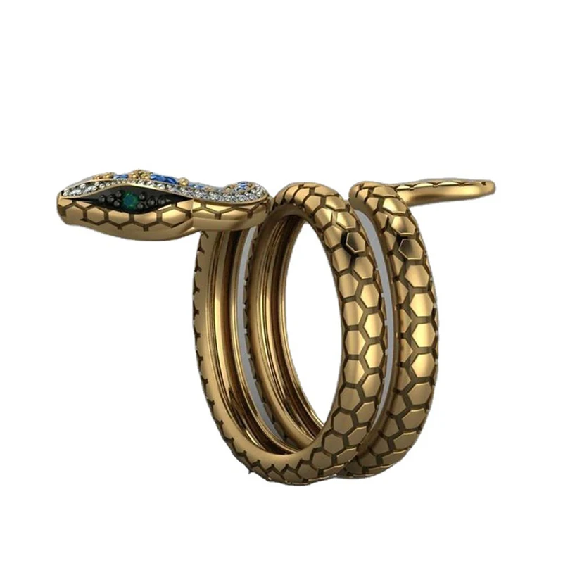 Charm Golden Snake Ring Blue Rhinestone Inlaid Snake Ring for Men and Women Fashion Noble Jewelry Gifts Drop Shipping