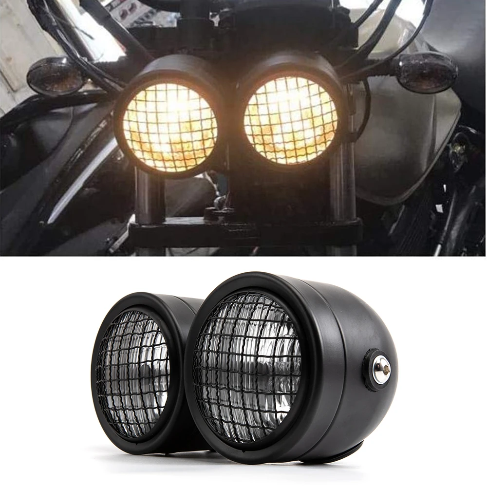 Motorcycle Headlight LED Dual Headlight Halogen H4 Bulb Led Light with Grill Double Headlamp Universal Motorcycle Front light