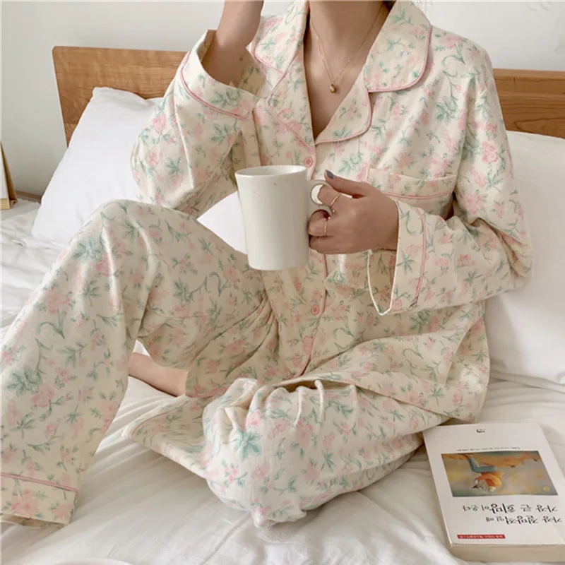 2 Colors Women\'s Floral Turndown Collar Pajama Sets Floral Tops+Pants Vintage Ladies Girl‘s Flowers Pyjamas Set Home Sleepwear