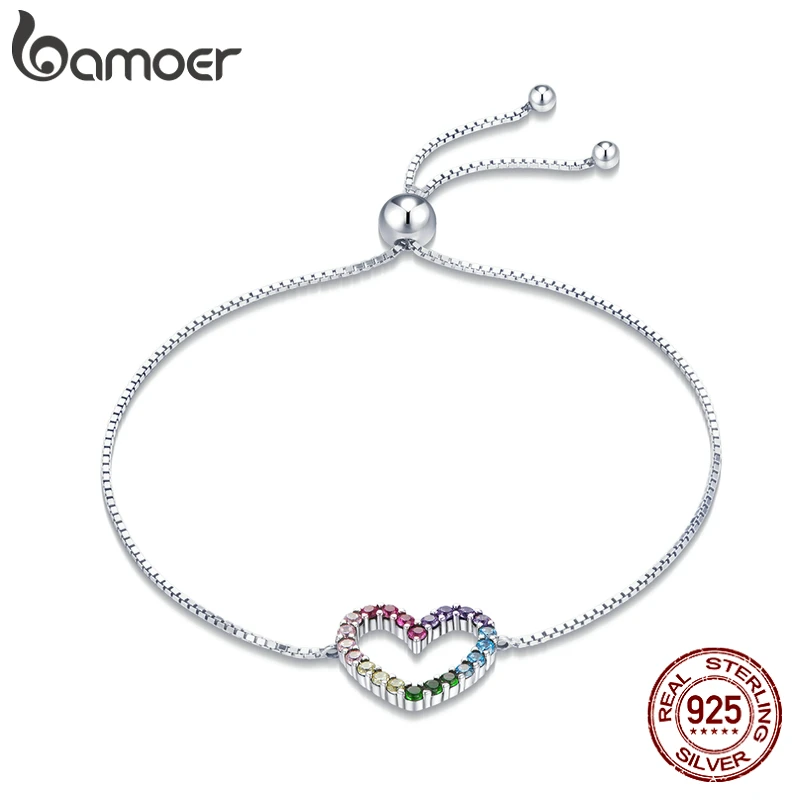 Bamoer 925 Sterling Silver Colorful Heart Pattern Adjustable Bracelet Love Zircon Chain for Women Fine Jewelry SCB216