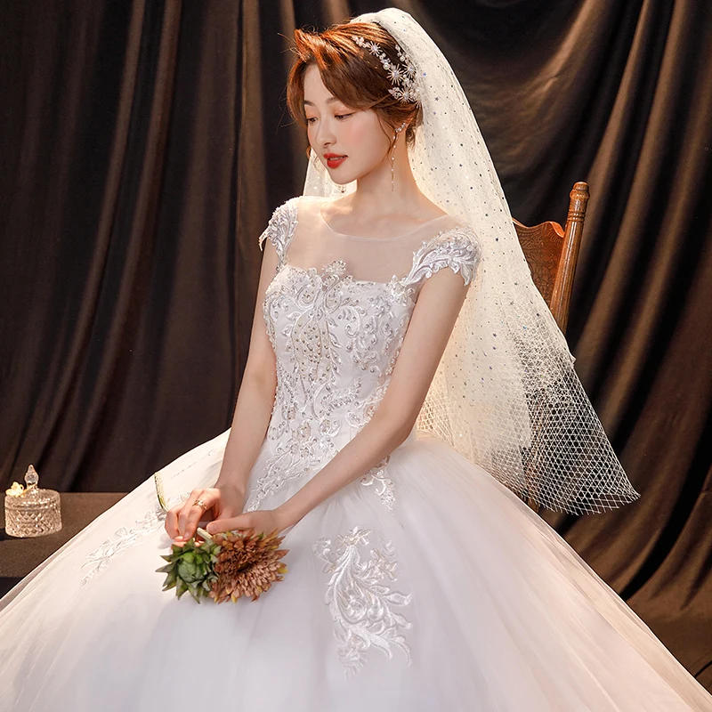 ClassicNeck 짧은 소매 웨딩 드레스 빛나는 장식 조각 웨딩 드레스 크기 레이스 신부 드레스 Vestido Noiva Robe Mariage Customized