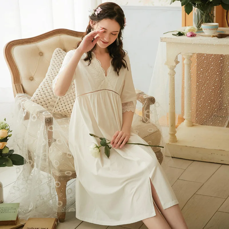 

New Women Homewear White Cotton Sexy Sleepwear Strap Night Dress Lace Nightwear Nightgown Homewear Gown