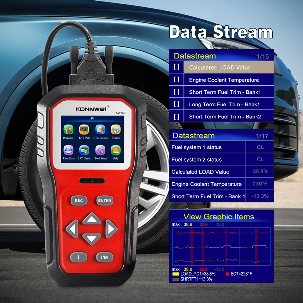 KONNWEI KW860 ODB2 Scanner Full ODB2 Functions Car Engine Fault Code Reader Tools Enhanced Live Data Stream Original Free Update