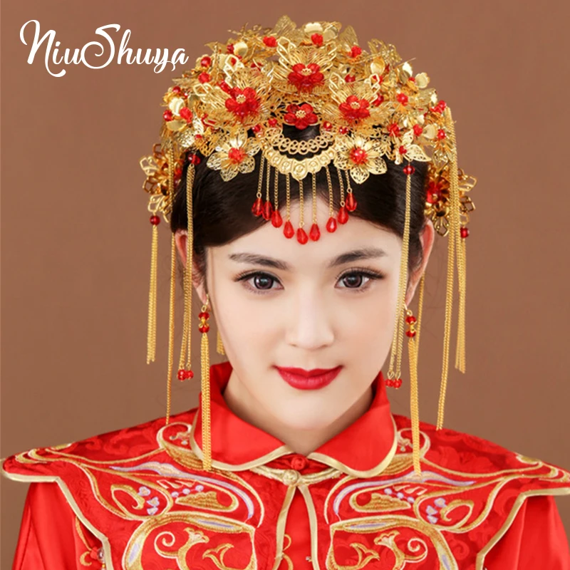 

NiuShuya Gold Color Phoenix Coronet Headpiece Ornaments Chinese Wedding Brides Headdress Hair Jewelry Costume Hair Accessories