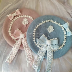 Japanese-style Beret Lolita GIRL'S Sweet Cute Versatile Woolen Women's Hand Made Lace Bow Bud