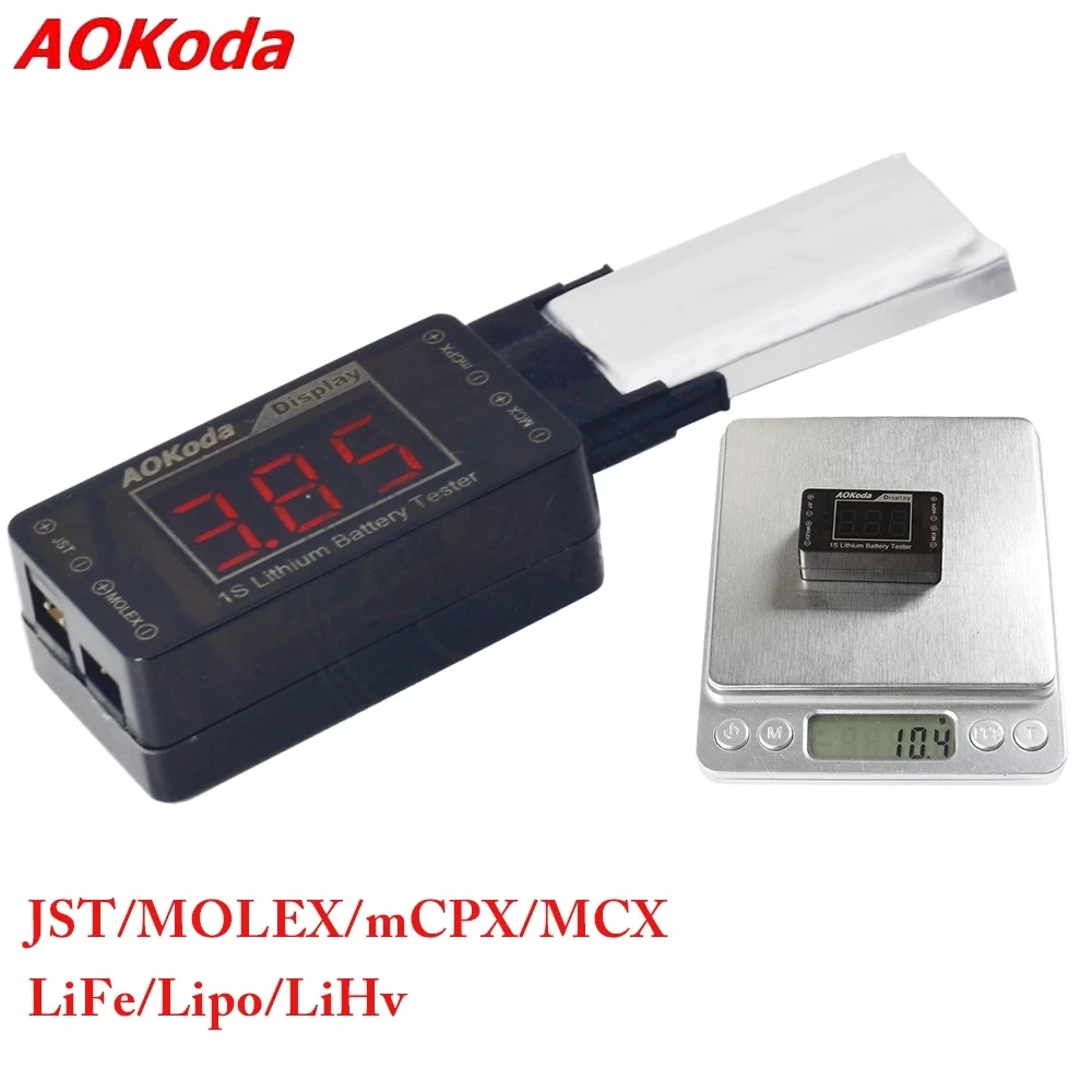 AOKoda AOK-041 1S Lipo/LiFe/LiHv Battery Tester Indicator for Checker For JST MOLEX mCPX MCX Plug Connector Battery Voltage