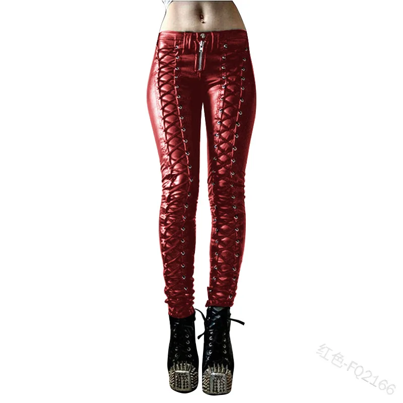 Steampunk Women Faux Leather Pants Carnival Party Skinny Button Trousers Rock Cool Long Pants Streetwear Black/Red S-5XL
