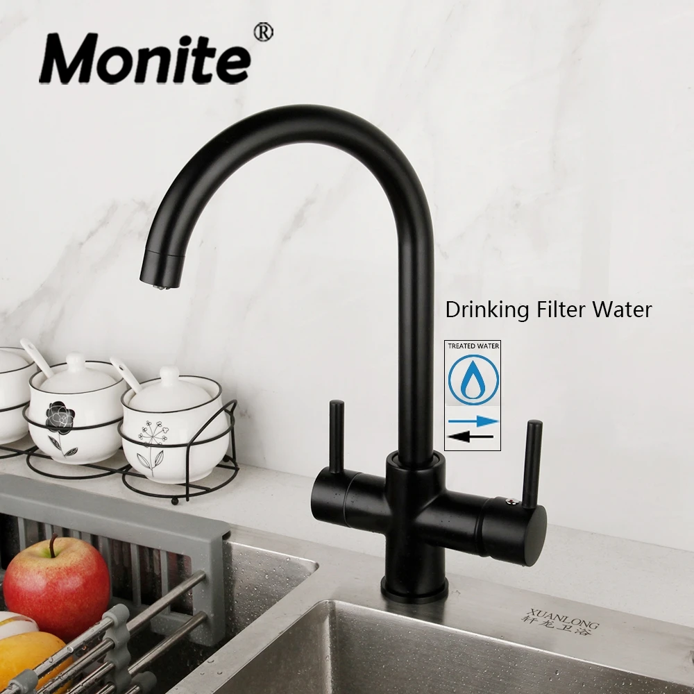 

Monite Matte Black Swivel Kitchen Faucet 2 Handles 360 Rotated Bathroom Basin Tap Purity Drinking Filter Water Kitchen Mixer Tap