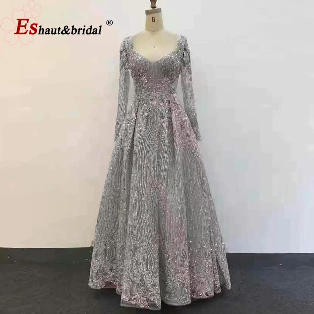 Luxury Crystal Evening Night Dresses for Women 2023 Muslim Full Lace 3/4 Sleeves Aline V Neck Formal Wedding Prom Party Gowns