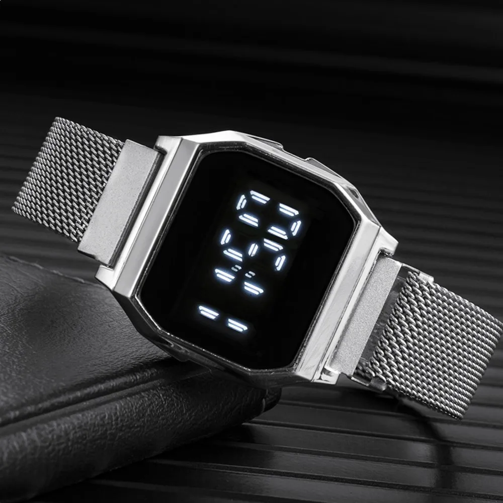 Men's Wrist Watches LED Digital Watch Plush Mesh Band Square Sports Watches for Men Women Electronic Clock Reloj Hombre