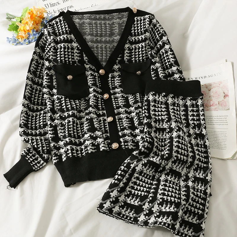 Women Autumn Winter Retro Casual Knitted Sweater Set Long Sleeve V Neck Cardigan Coat+High Waist Slim Mini Skirts Two Piece Suit