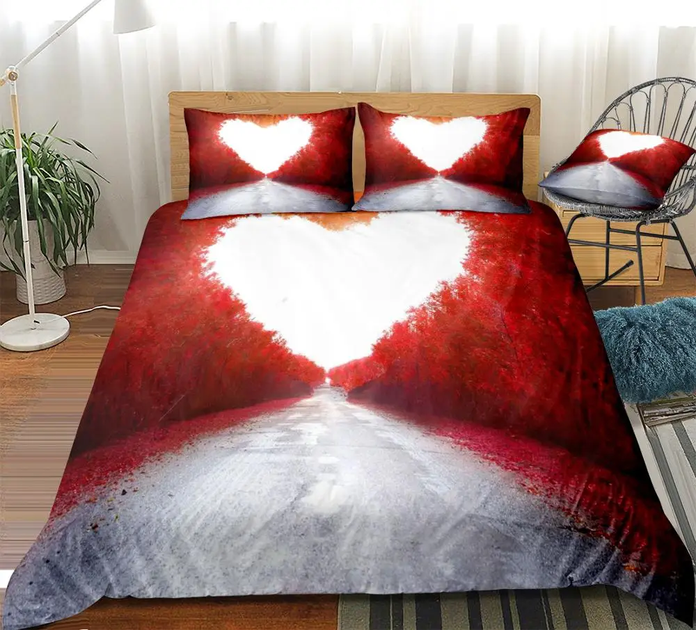 Love Heart Bedding Set Red White Duvet Cover Set Girls Bed Linen Kids Bedding Set Cute Red Heart Shaped Bedding set Water Color