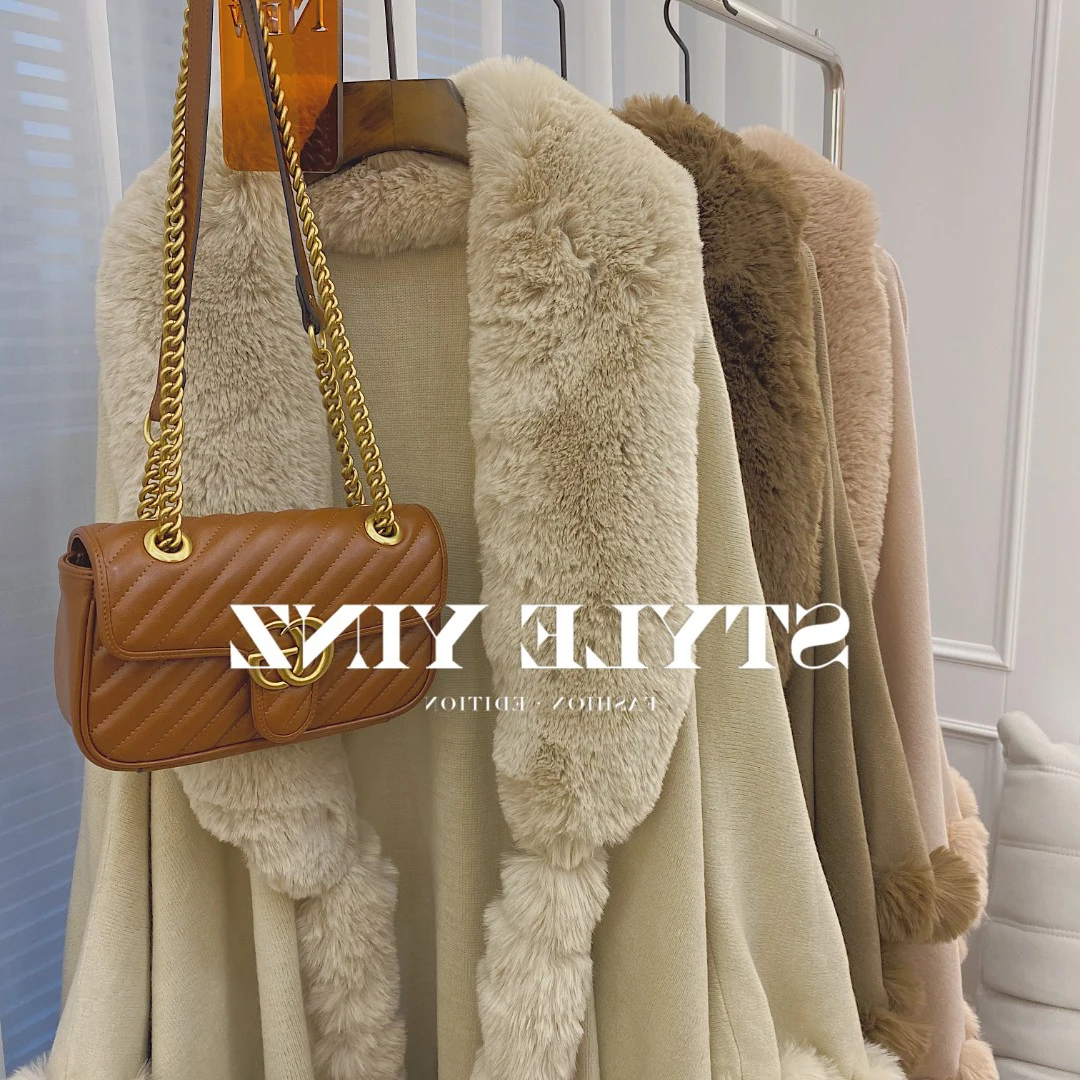 Fast Delivery Big Fur Collar Elegant Poncho Cape European Autumn Winter Knitted Faux Rabbit Fur Large Size Women's Coat