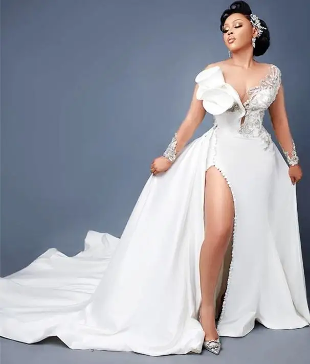 Plus Size Split Mermaid 2021 Satin Wedding Dresses Bridal Gowns With Detachable Train Lace Appliqued Beaded Long Sleeve Robe de