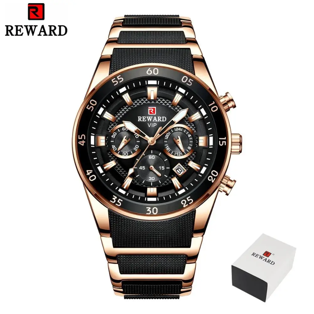 REWARD New Sport Watches for Men Fashion Stainless Steel Quartz Watches Waterproof Chronograph Wrist Watches Male