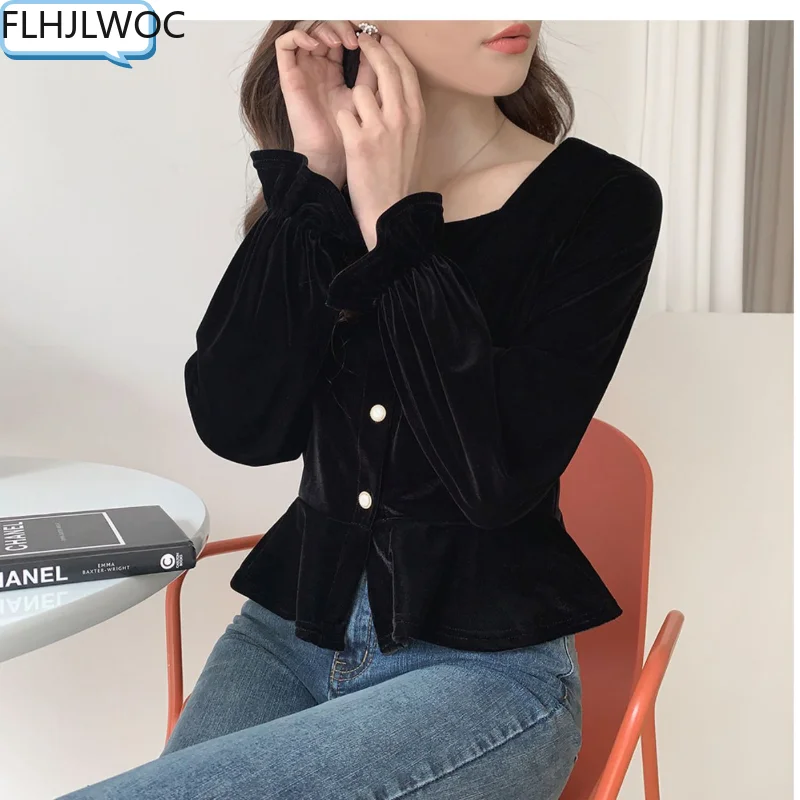 Black Chic Korea Cute Velvet Short Tops Blusas Women Long Sleeve Elegant Office Lady Winter Spring Button Basic Shirts Blouses