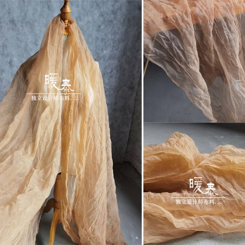 Unique Irregular Crepe Pleated Tulle Fabric Wheat Color DIY Patchwork Decor Skirt Gown Wedding Dress Clothes Designer Fabric