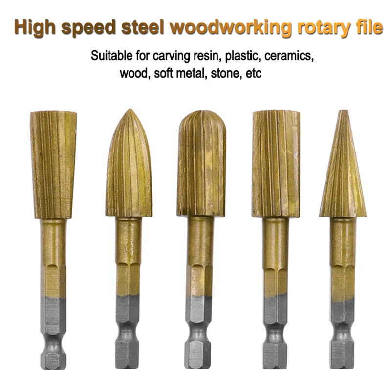 

5pcs 6.35mm Hex Rotary Burr Set HSS Titanium Coated woodworking Rotary File Cutter 12.7mm Head Electric Grinding Tool