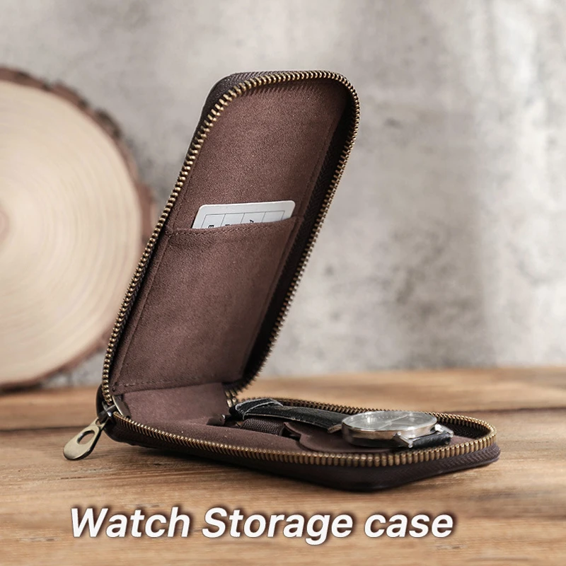 Genuine Leather Watch Storage Box Cow Leather Zipper Carrying Wristwatch Case Cover Organizer Pouch Protector Bag with Card Slot