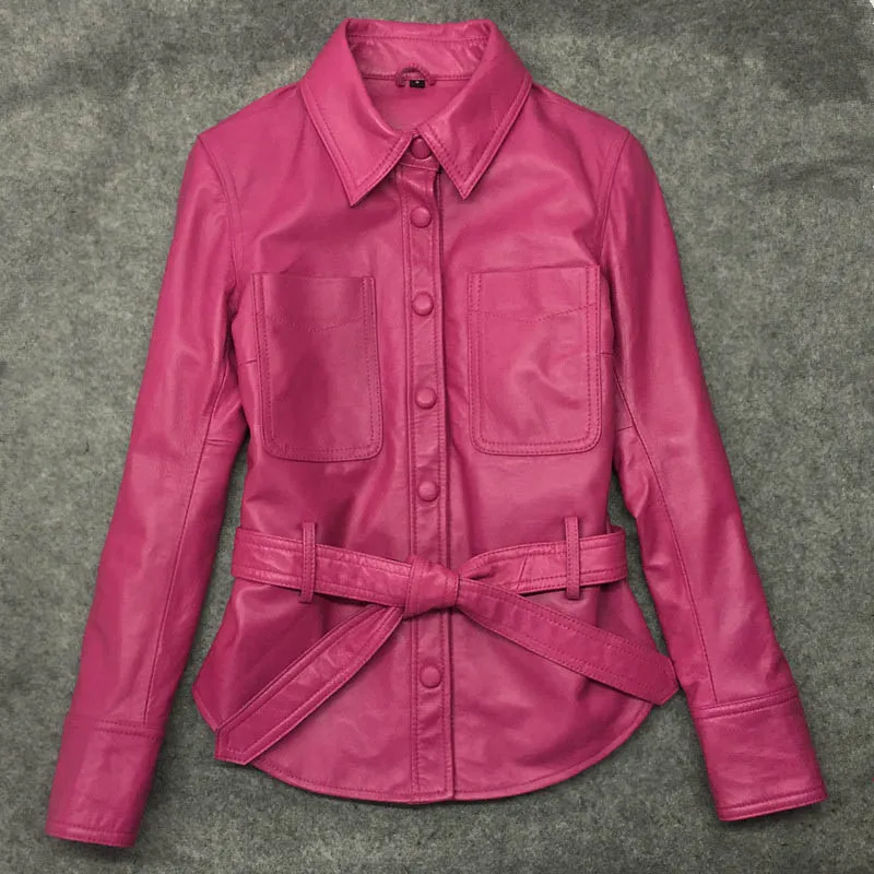 Chaqueta de piel de oveja Natural para mujer, abrigo de piel auténtica con cinturón y bolsillos, cortavientos Rosa Kawaii, novedad