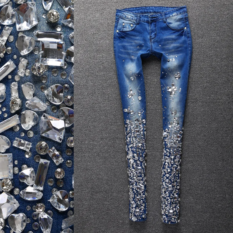 Made Hand Diamond Rhinestone Jeans Woman Embroidered Flares Skinny Stretch Denim Pencil Pants Fashion Party Office Jeans