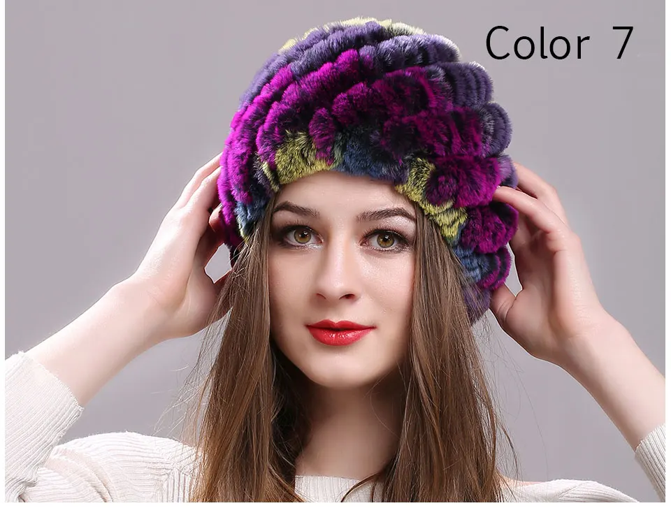 Echt Rex Kaninchen Pelz Hut Elastische Gestrickte Kappe mit Streifen Design Winter Hut für Frauen Damen Herbst Kopfbedeckungen Mode Mädchen bonnets – Detail 20