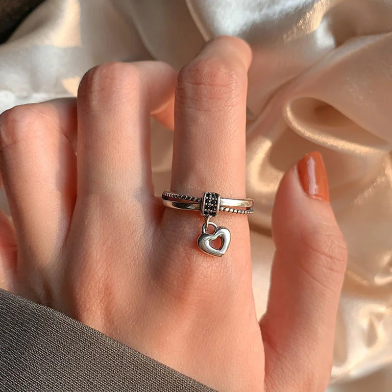 QMCOCO Open Adjustable Silver Color Rings For Women Trendy Elegant Vintage Couples Simple Hollow Out Heart-Shape Party Jewelry