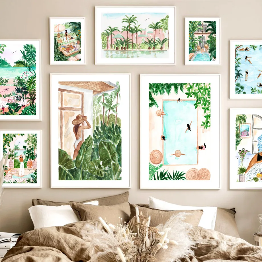 Peace Morocco Pool Party Girl Palm Banana Leaf Wall Art Print Canvas Painting Nordic Poster Wall Pictures For Living Room Decor