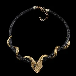 Exaggeration Leather Gold Plated Double Snake Choker Necklace for Gothic Men Women Chain Necklace Rock and Hip Hop Jewelry