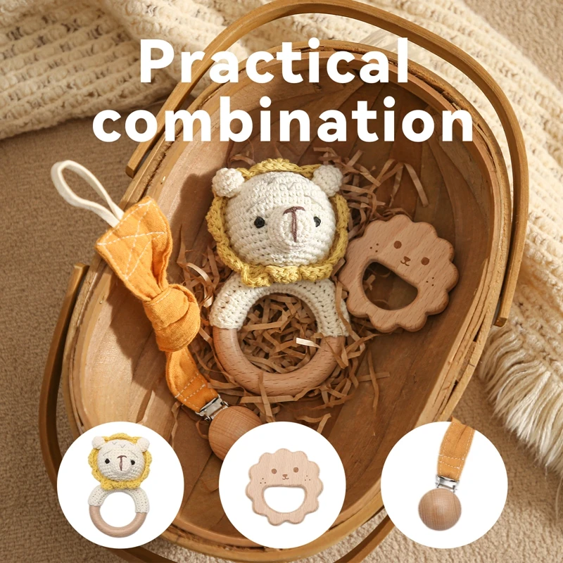 3Pcs/Set Baby Crochet Animal Set Cute Bunny Elephant Rattle Bracelet Beech Wooden Teether Infant Pacifier Clip Chain Baby Toys