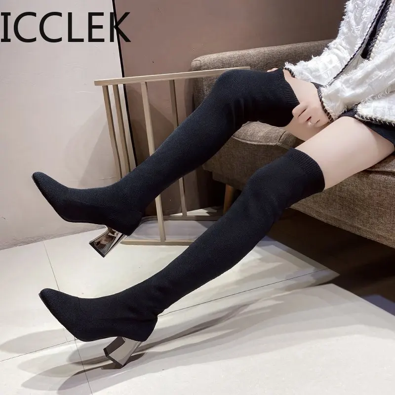 2020 Size 41 Winter Black Over The Knee Woman Boots Women Stretch Fabric Thigh High Heels Sexy Woman Shoes Long Bota Feminina