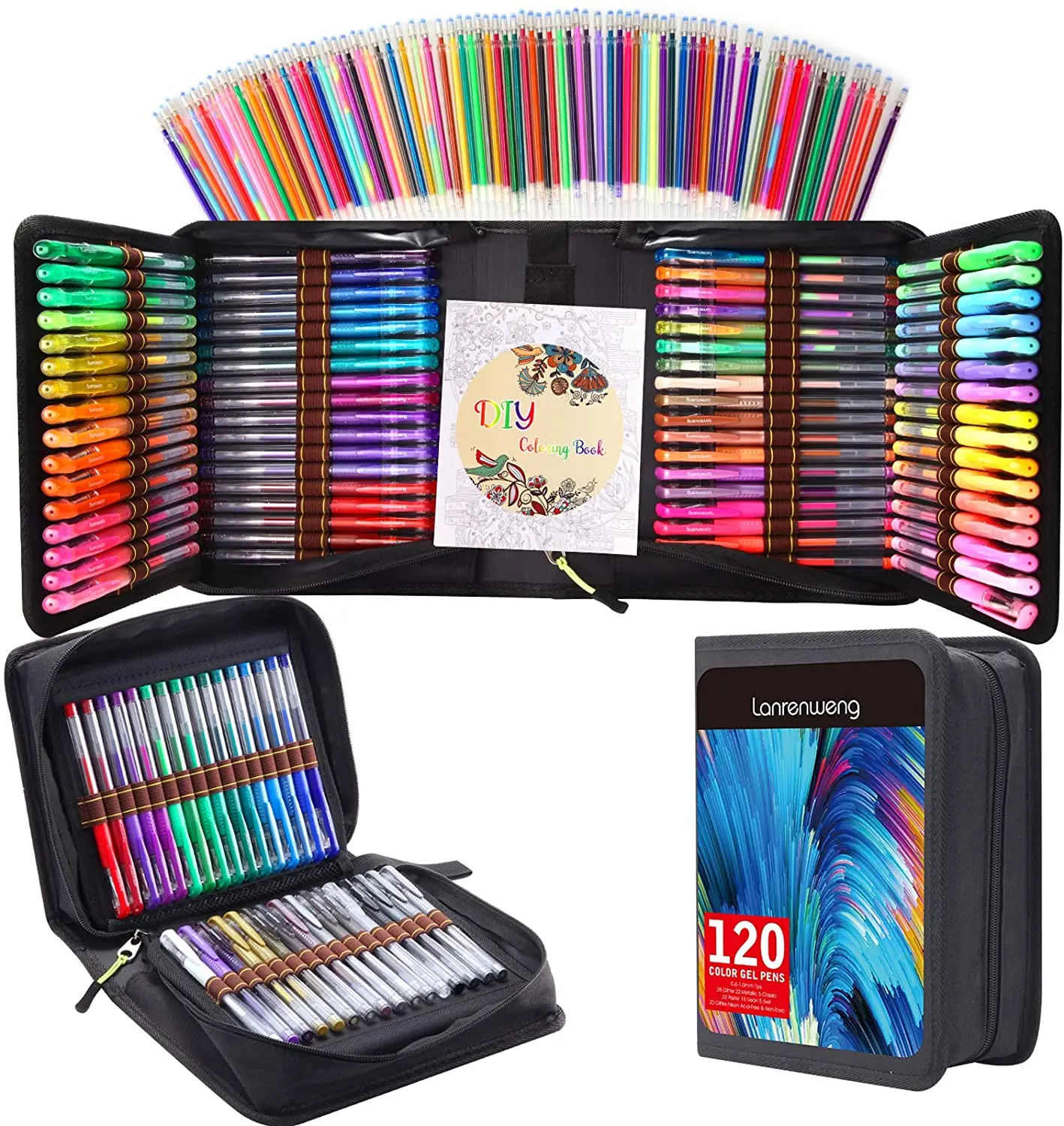 Conjunto de canetas gel coloridas para adultos e crianças, 120 recargas, dica fina, glitter, bolsa de lona, livros para colorir